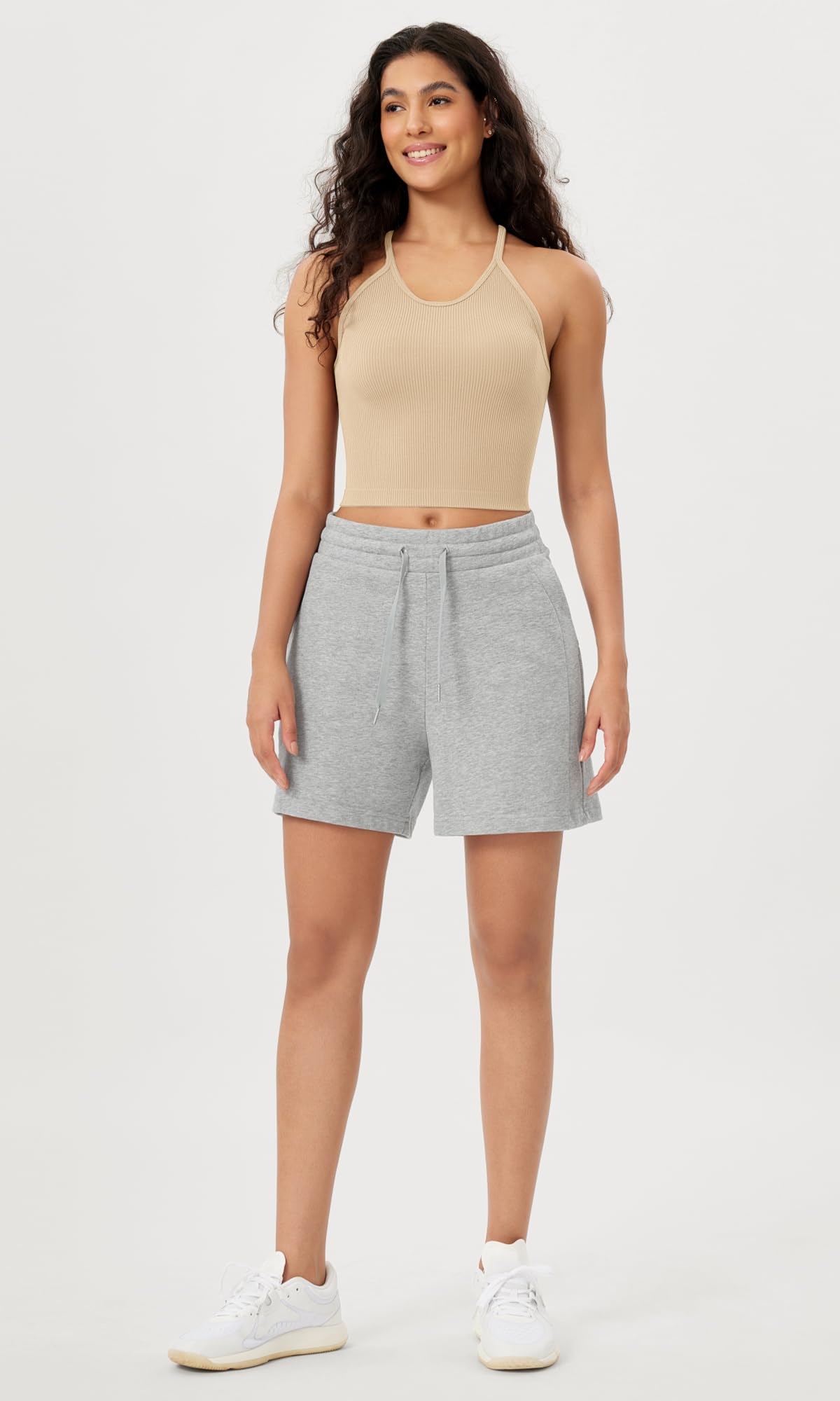 ODODOS Women's Crop Camisole 3-Pack Seamless Rib-Knit Crop Tank Tops, Long Crop, Beige Coral Teal, X-Small/Small