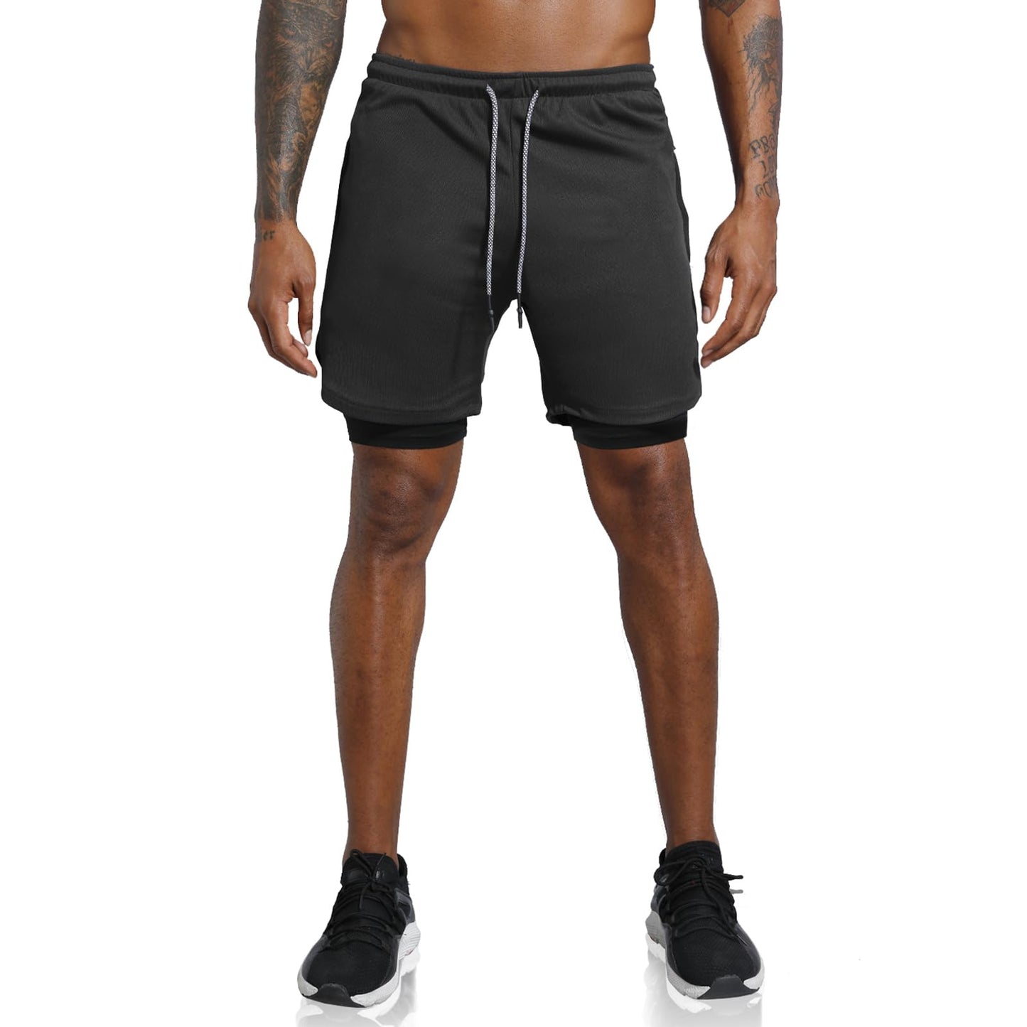 Leidowei Men's 2 in 1 Workout Running Shorts Lightweight Training Yoga Gym 7" Short with Zipper Pockets Black XL