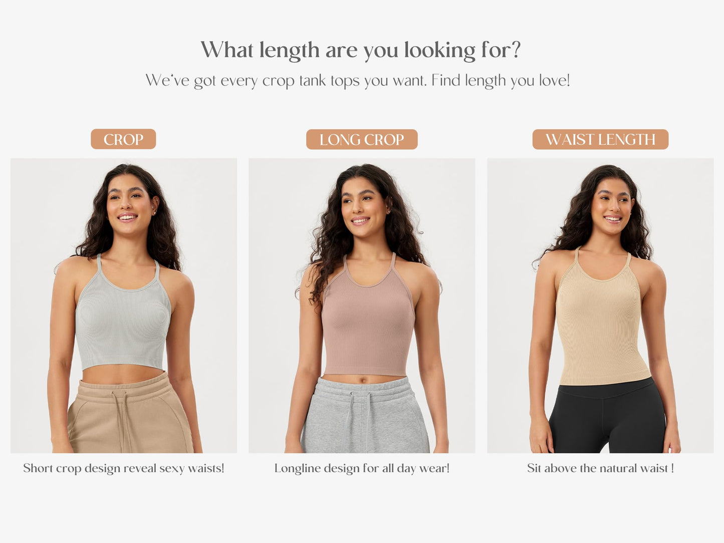 ODODOS Women's Crop Camisole 3-Pack Seamless Rib-Knit Crop Tank Tops, Long Crop, Beige Coral Teal, X-Small/Small