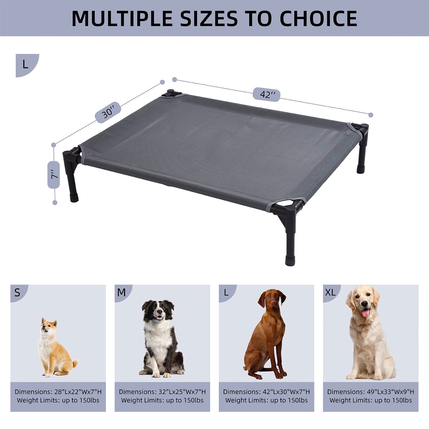 pettycare Elevated Outdoor Dog Bed - Raised Dog Bed for Large Dogs, Heavy Duty Dog Cot Bed Waterproof, Cooling Elevated Dog Bed with Washable Breathable Teslin Mesh, Durable, Non Slip, 42 Inches, Grey