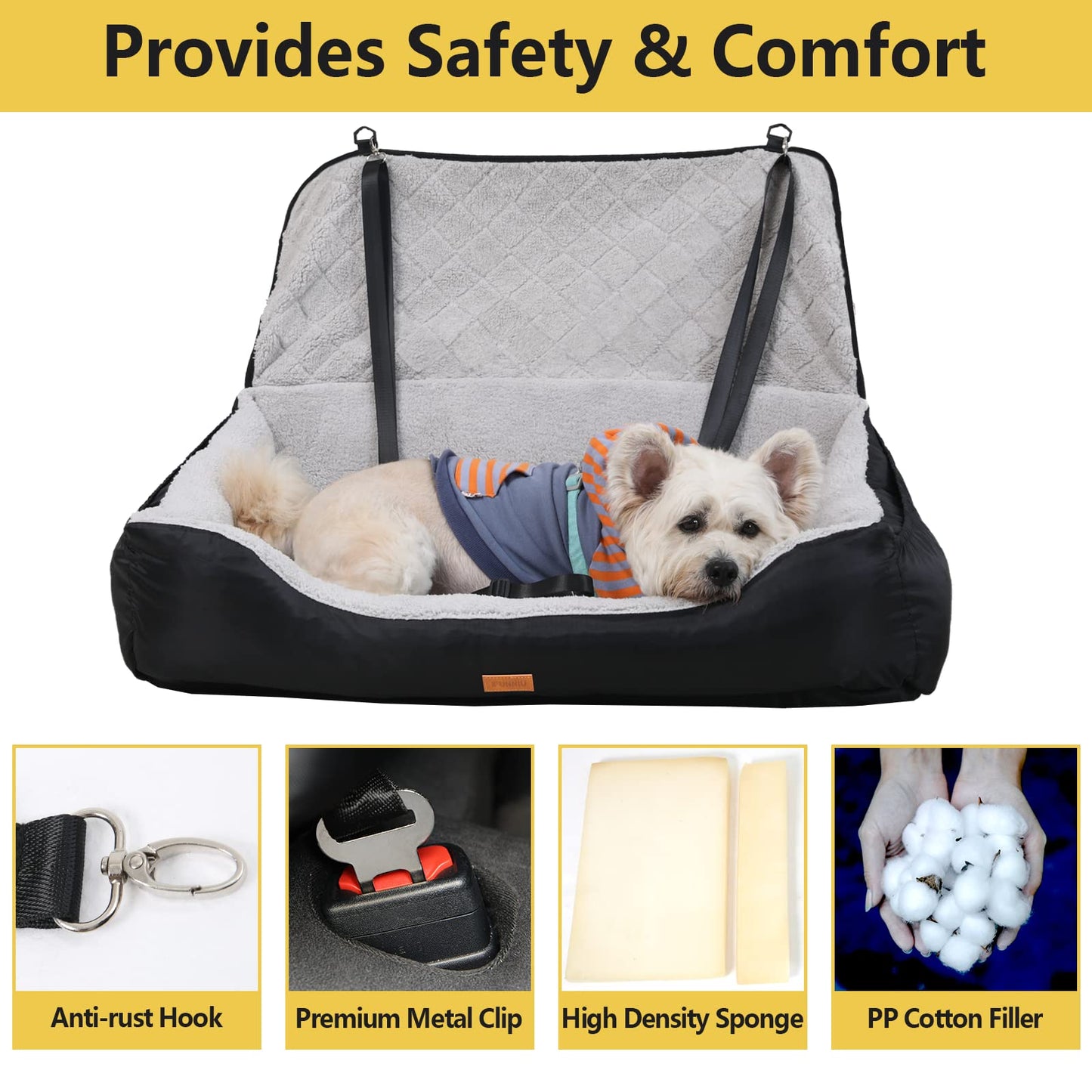 FUNNIU Dog Car Booster Seat for Medium/Large Dogs or Two Small Dogs, Pet Car Seat Travel Safety Fully Detachable Washable for Back Seat, Portable Dog Travel Bed with Soft Cushion, Black