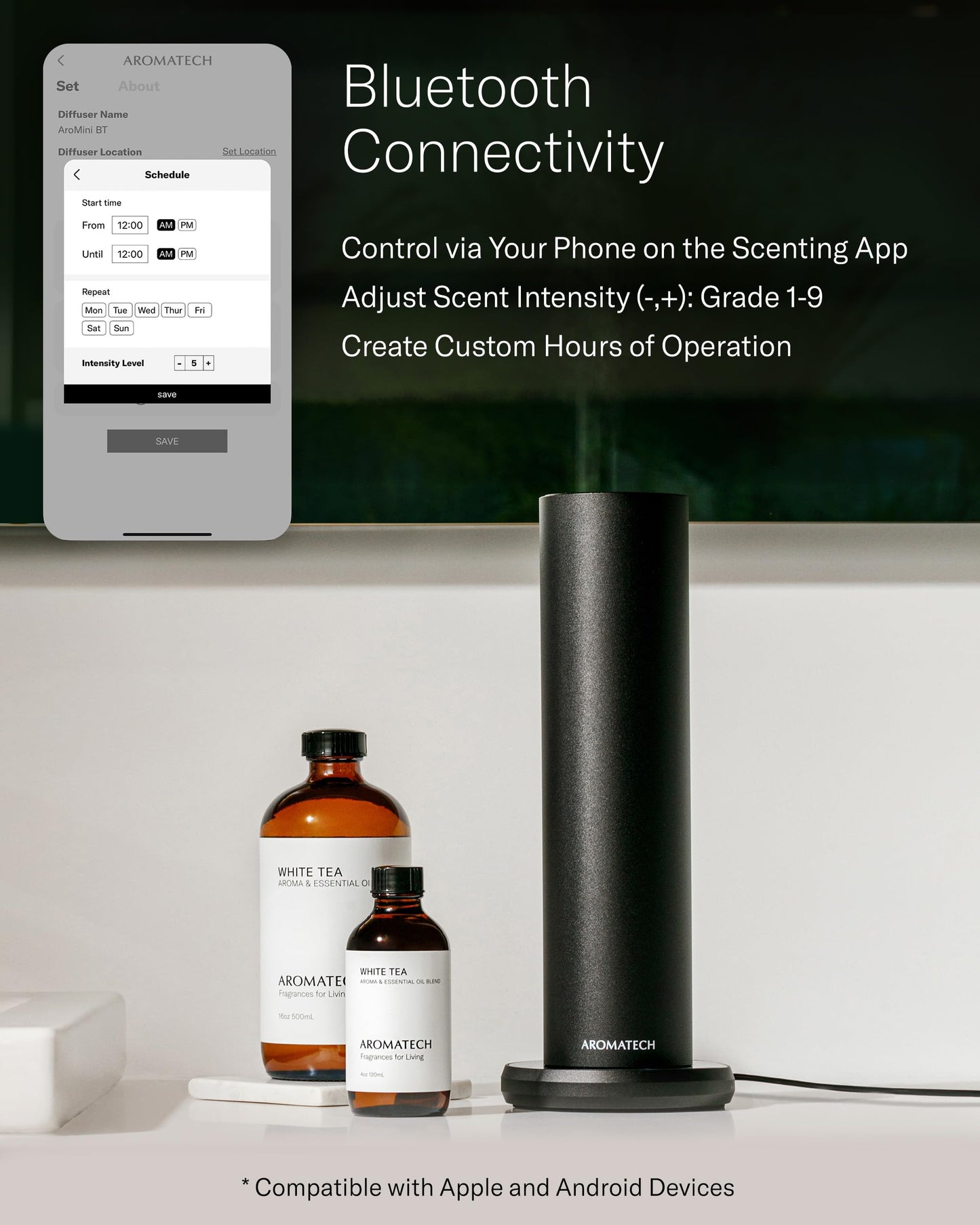 Upgraded: AromaTech AroMini BT Scent Diffuser w/Bluetooth – Cold-Air Diffusion Scent Machine for Home, Office, Hotel, Spa – Nebulizing Diffusion System for Essential Oil Blends – Black
