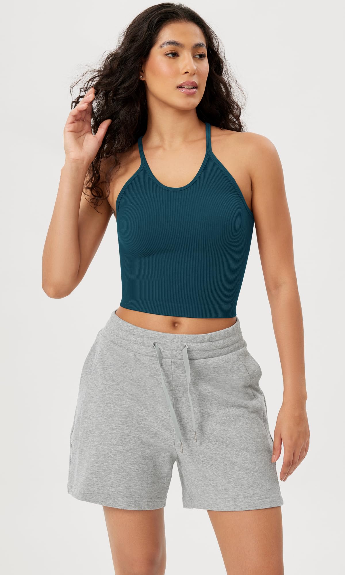 ODODOS Women's Crop Camisole 3-Pack Seamless Rib-Knit Crop Tank Tops, Long Crop, Beige Coral Teal, X-Small/Small