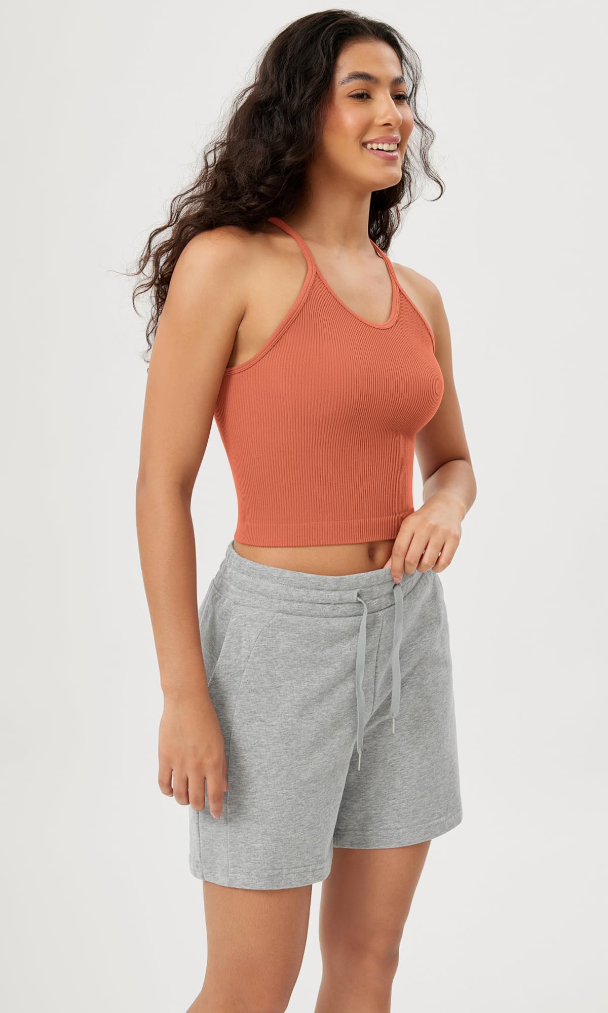ODODOS Women's Crop Camisole 3-Pack Seamless Rib-Knit Crop Tank Tops, Long Crop, Beige Coral Teal, X-Small/Small