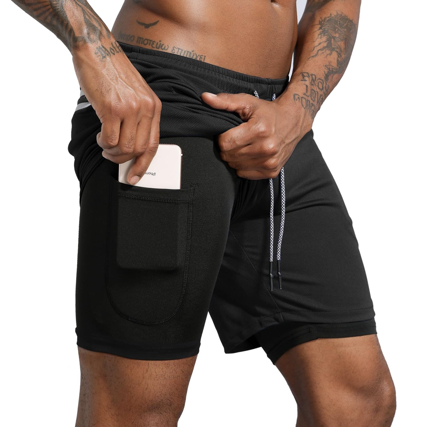 Leidowei Men's 2 in 1 Workout Running Shorts Lightweight Training Yoga Gym 7" Short with Zipper Pockets Black XL