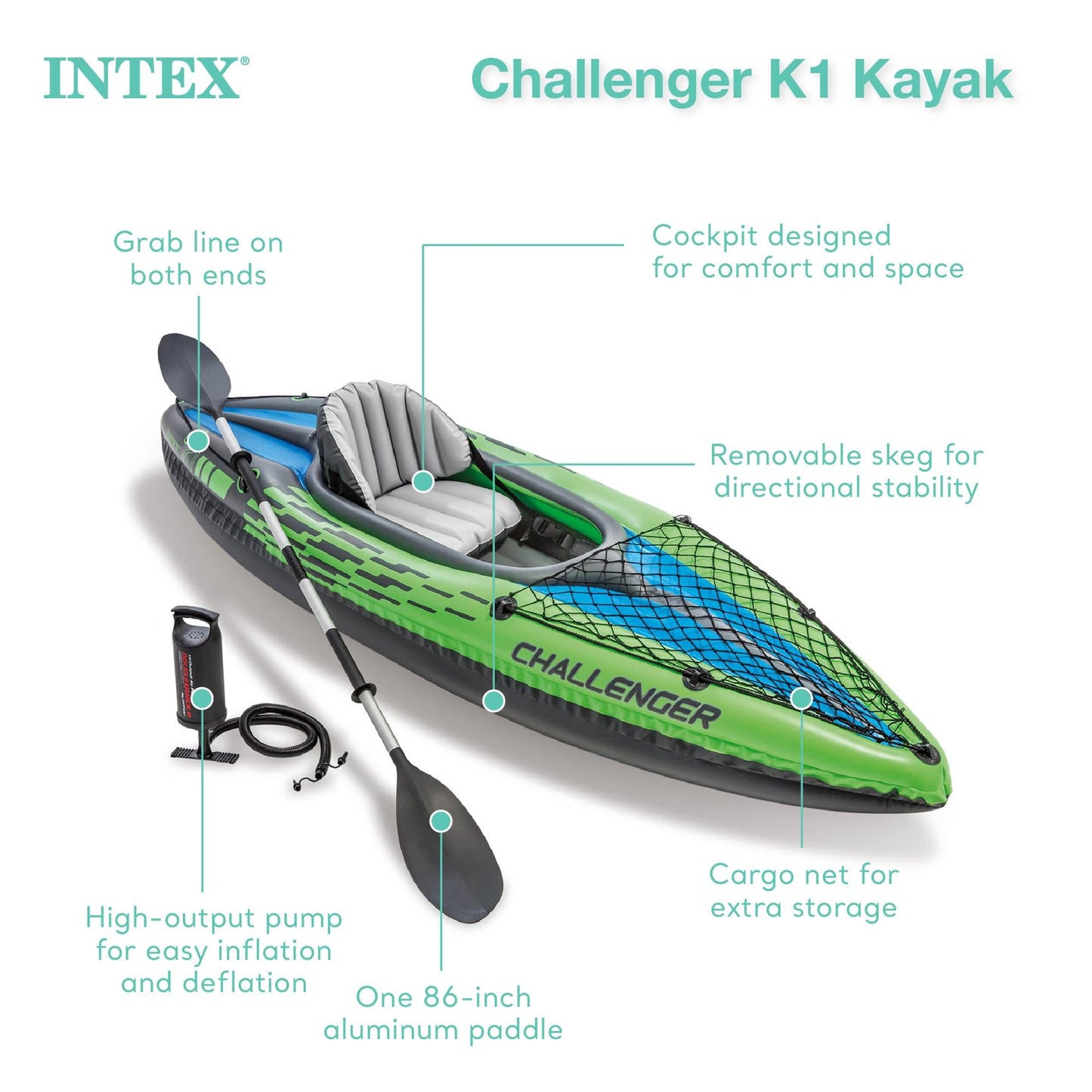 Intex 68305EP Challenger K1 Inflatable Kayak Set: Includes Deluxe 86in Kayak Paddles and High-Output Pump – Adjustable Seat with Backrest – Removable Skeg – 1-Person – 220lb Weight Capacity
