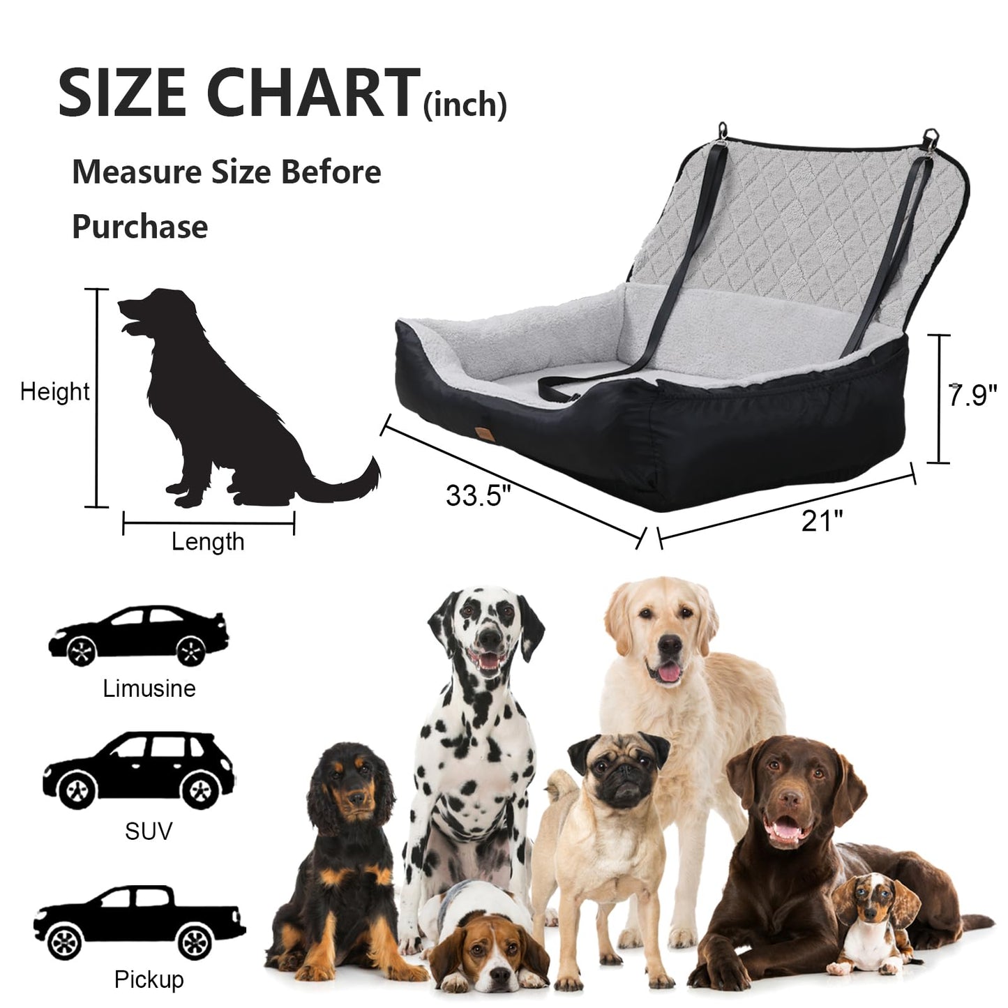 FUNNIU Dog Car Booster Seat for Medium/Large Dogs or Two Small Dogs, Pet Car Seat Travel Safety Fully Detachable Washable for Back Seat, Portable Dog Travel Bed with Soft Cushion, Black