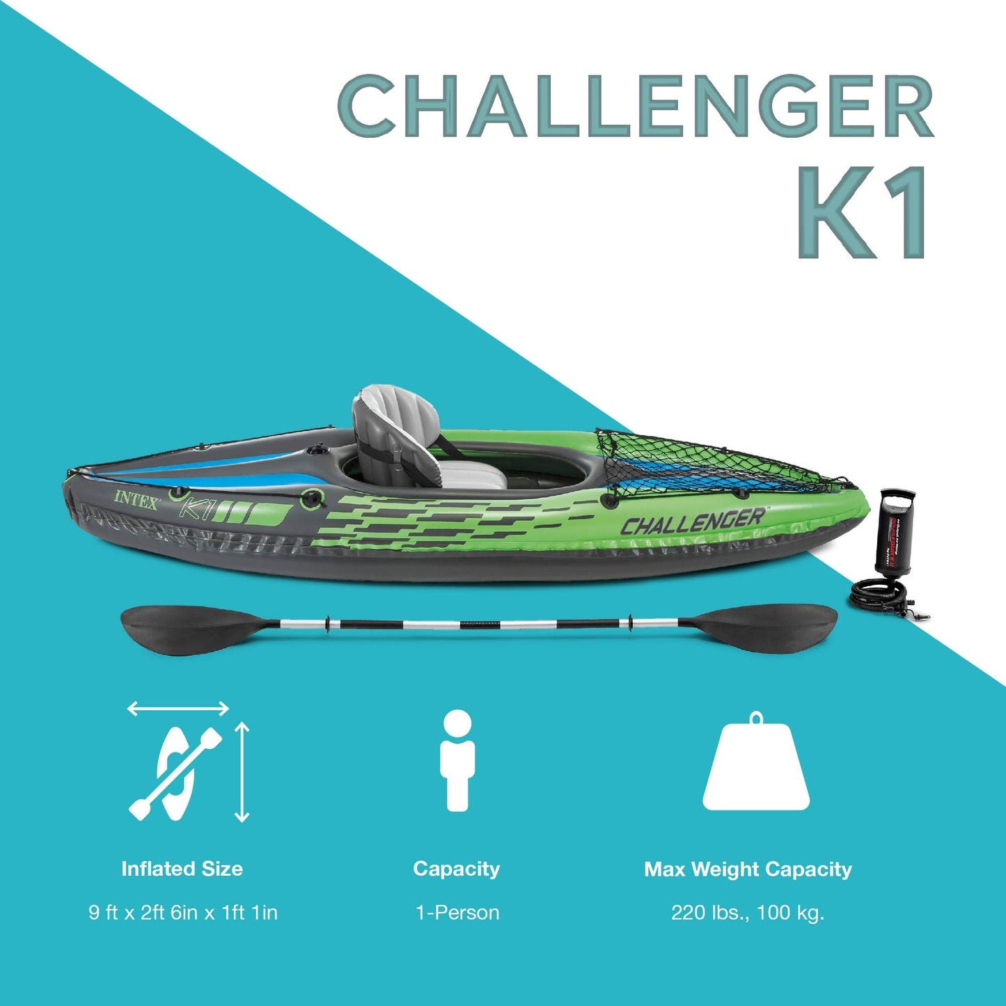 Intex 68305EP Challenger K1 Inflatable Kayak Set: Includes Deluxe 86in Kayak Paddles and High-Output Pump – Adjustable Seat with Backrest – Removable Skeg – 1-Person – 220lb Weight Capacity