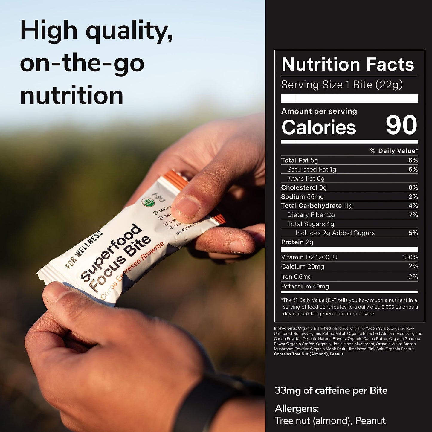For Wellness Superfood Focus Bites (20 Count), Cocoa Espresso Brownie – Reduces Fatigue, Improves Digestion & Support Brain Function