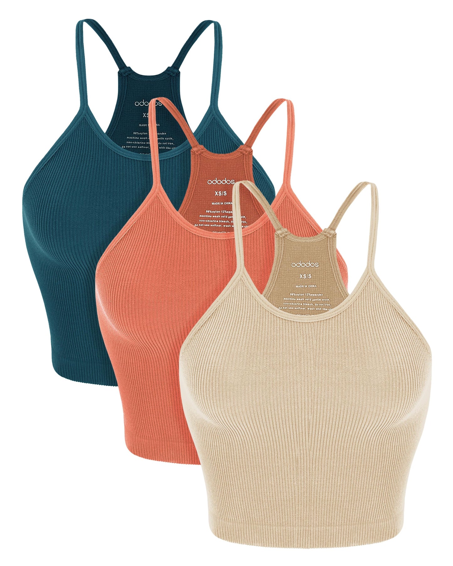 ODODOS Women's Crop Camisole 3-Pack Seamless Rib-Knit Crop Tank Tops, Long Crop, Beige Coral Teal, X-Small/Small
