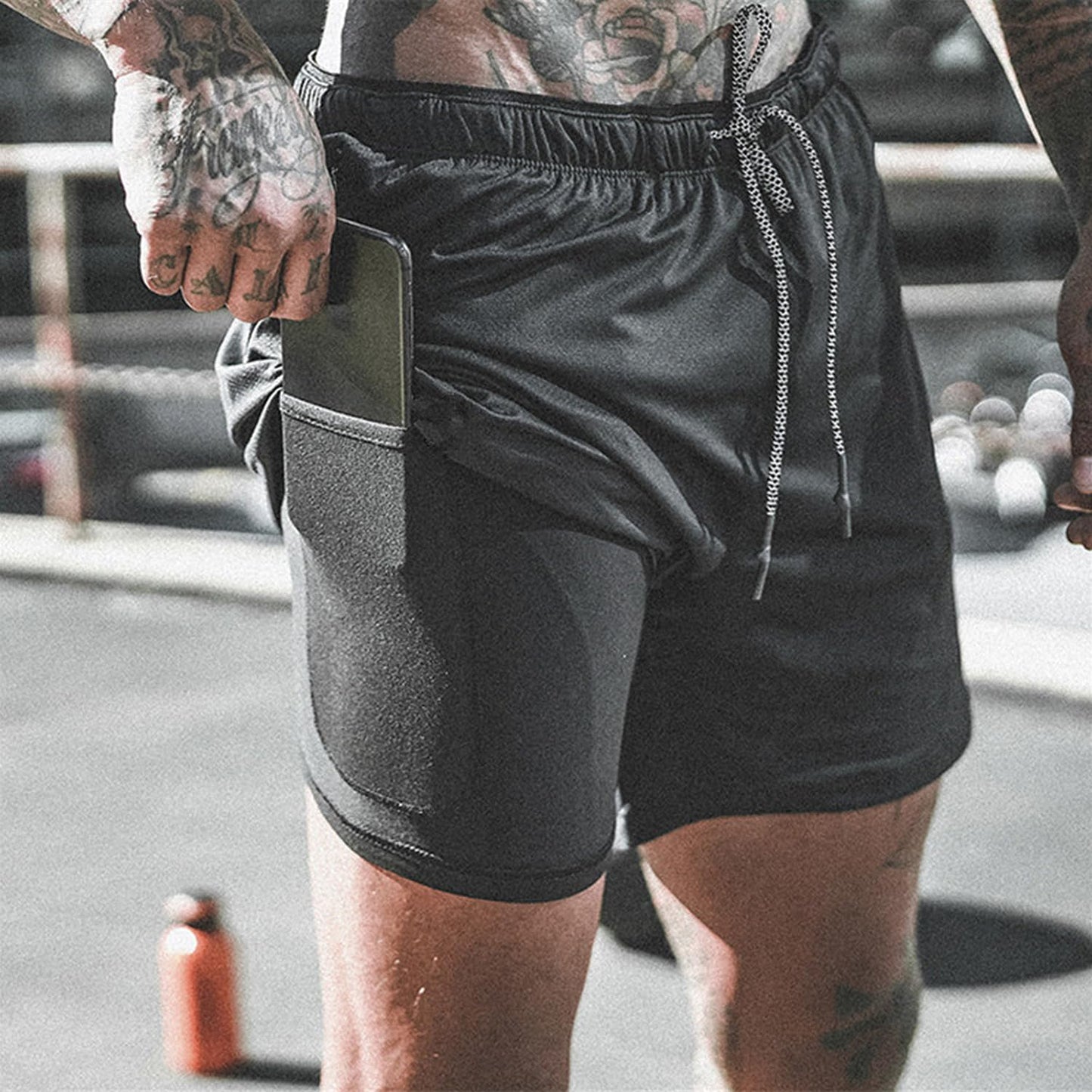 Leidowei Men's 2 in 1 Workout Running Shorts Lightweight Training Yoga Gym 7" Short with Zipper Pockets Black XL