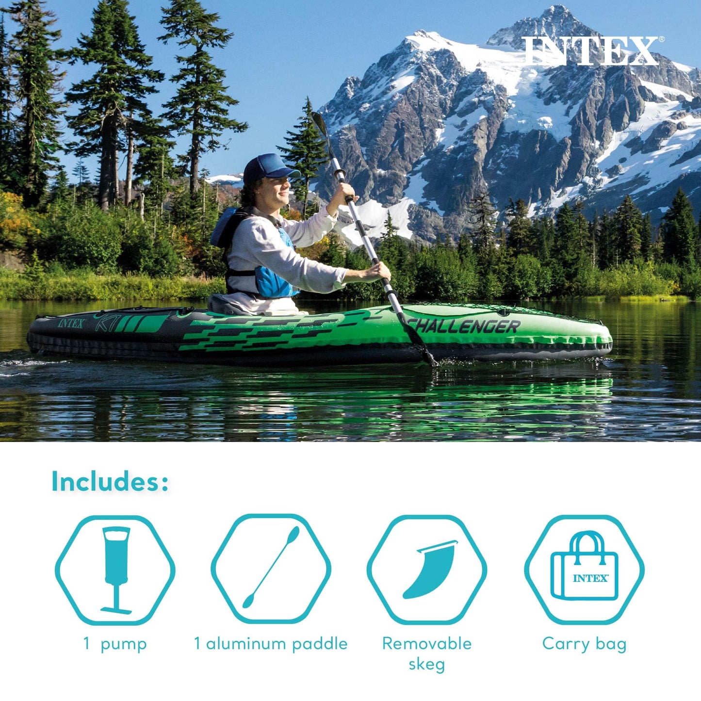 Intex 68305EP Challenger K1 Inflatable Kayak Set: Includes Deluxe 86in Kayak Paddles and High-Output Pump – Adjustable Seat with Backrest – Removable Skeg – 1-Person – 220lb Weight Capacity