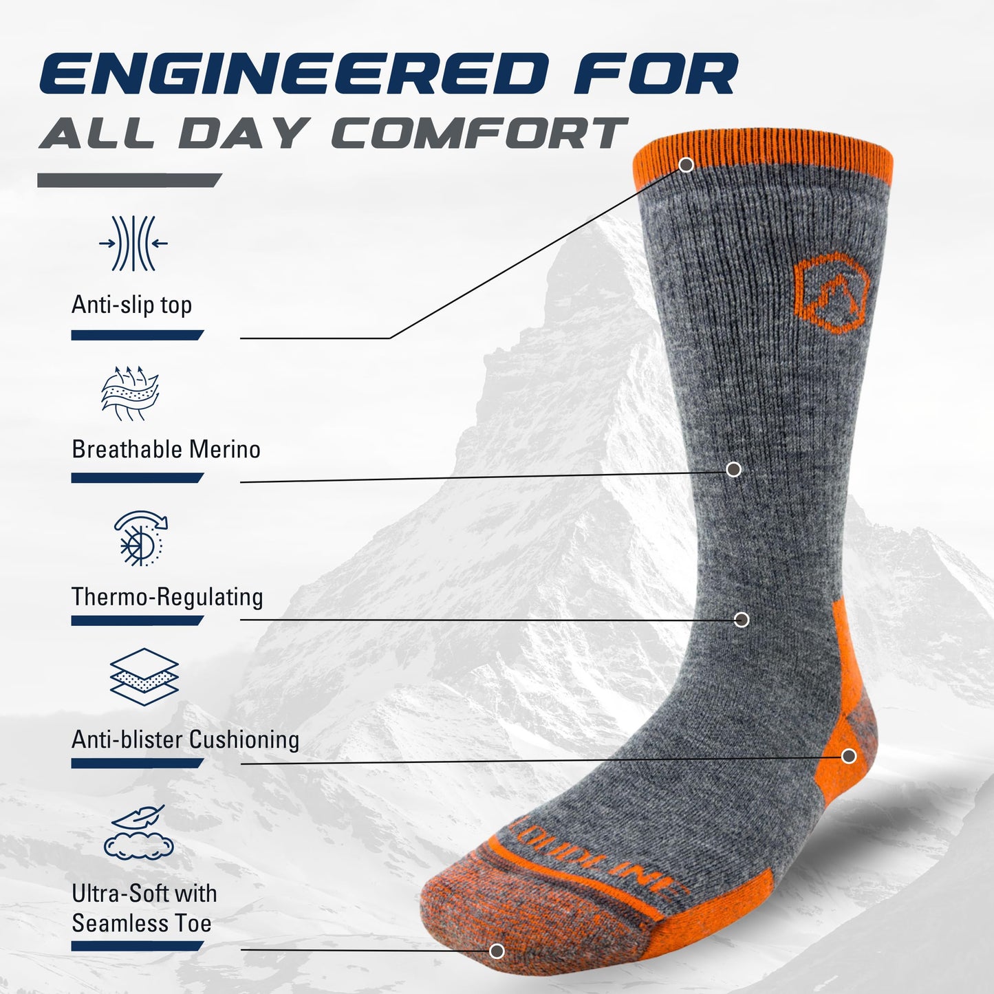 CloudLine Merino Wool Hiking Socks for Men and Women - Cushioned, Soft, Anti-Blister, Moisture Wicking, Made in USA - Autumn Orange, Size Large, 1 Pair