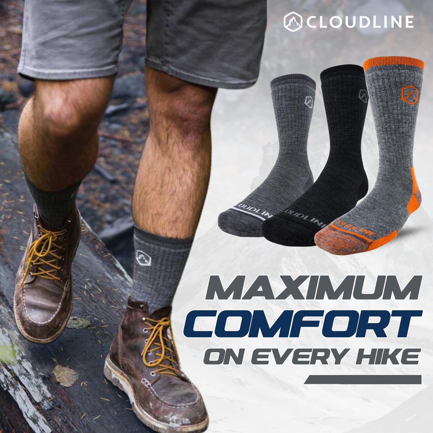 CloudLine Merino Wool Hiking Socks for Men and Women - Cushioned, Soft, Anti-Blister, Moisture Wicking, Made in USA - Autumn Orange, Size Large, 1 Pair