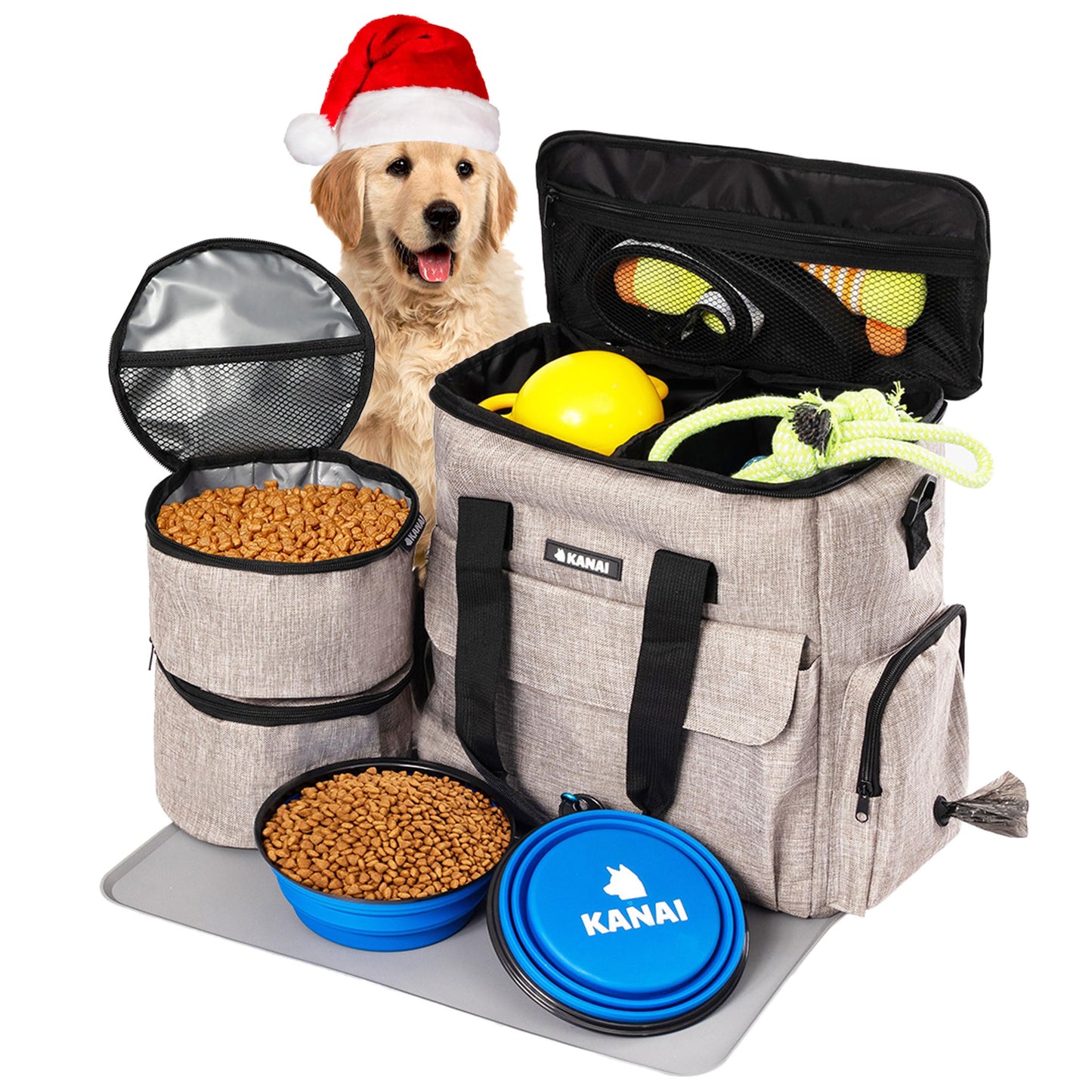 Dog Travel Bag | Dog Food Storage Containers, Silicone Mat, Large Collapsible Bowls | Airline Approved Dog Accessories Organizer | Dog Poop Bag Dispenser | Dog Stuff & Pet Supplies Travel Essentials