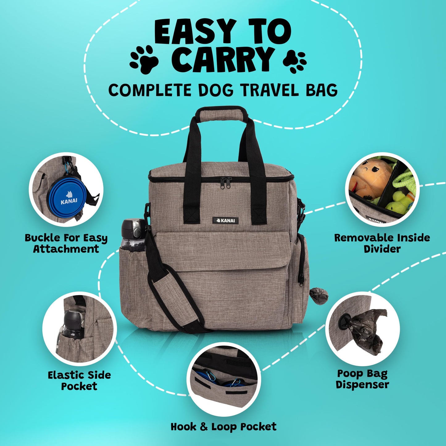 Dog Travel Bag | Dog Food Storage Containers, Silicone Mat, Large Collapsible Bowls | Airline Approved Dog Accessories Organizer | Dog Poop Bag Dispenser | Dog Stuff & Pet Supplies Travel Essentials
