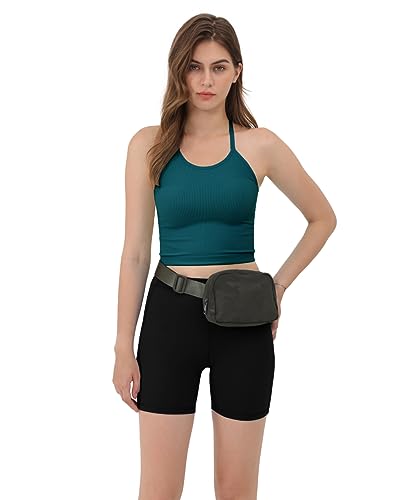 ODODOS Women's Crop Camisole 3-Pack Seamless Rib-Knit Crop Tank Tops, Long Crop, Beige Coral Teal, X-Small/Small