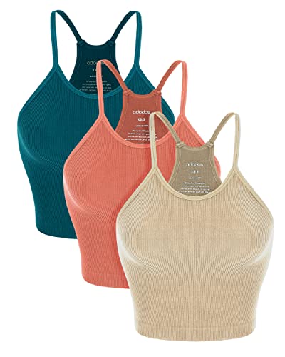 ODODOS Women's Crop Camisole 3-Pack Seamless Rib-Knit Crop Tank Tops, Long Crop, Beige Coral Teal, X-Small/Small