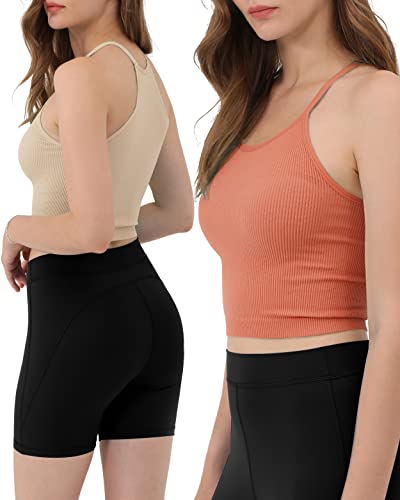ODODOS Women's Crop Camisole 3-Pack Seamless Rib-Knit Crop Tank Tops, Long Crop, Beige Coral Teal, X-Small/Small