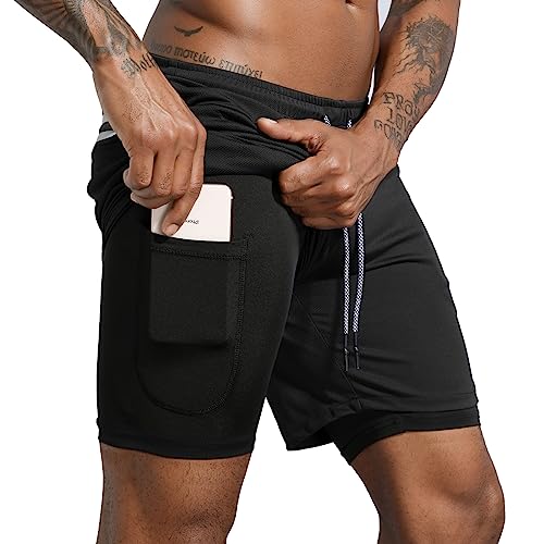 Leidowei Men's 2 in 1 Workout Running Shorts Lightweight Training Yoga Gym 7" Short with Zipper Pockets Black XL