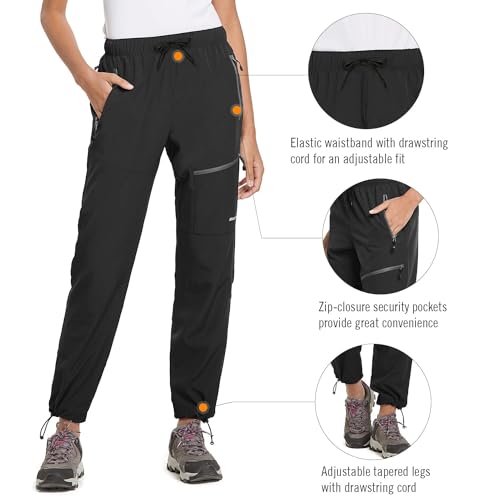 BALEAF Women's Hiking Pants Quick Dry Water Resistant Lightweight Joggers Pant for All Seasons Elastic Waist Black Size L