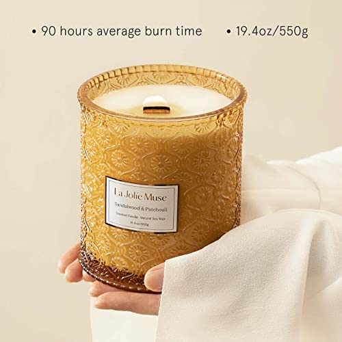 LA JOLIE MUSE Sandalwood Candle, Wood Wicked Large Candle for Home Scented, Scented Candle Gifts for Men&Women, Long Burning Glass Jar Candle, Santal Himalayen, 19oz