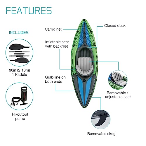 Intex 68305EP Challenger K1 Inflatable Kayak Set: Includes Deluxe 86in Kayak Paddles and High-Output Pump – Adjustable Seat with Backrest – Removable Skeg – 1-Person – 220lb Weight Capacity