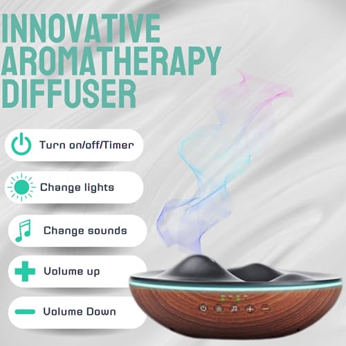 Innovative Aromatherapy Oil Diffuser for Large Room, 500ml Ultrasonic Quiet Cool Mist Aroma Humidifier, 8 Relaxing Sounds, White Noise, Timer, Waterless Auto-Off Safety (Brown)