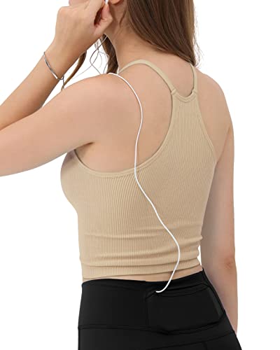 ODODOS Women's Crop Camisole 3-Pack Seamless Rib-Knit Crop Tank Tops, Long Crop, Beige Coral Teal, X-Small/Small