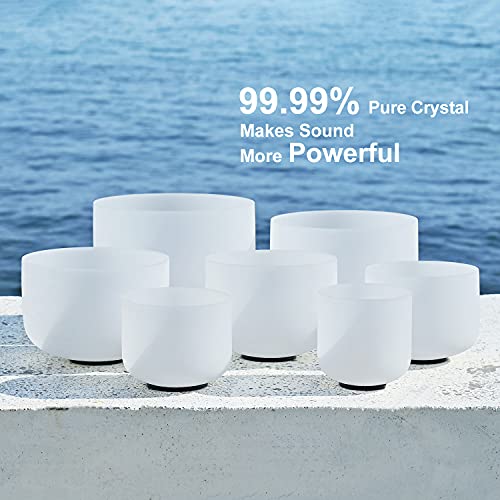 CVNC 432HZ 6-12 Inch Set Of 7 PCS Frosted Chakra Quartz Crystal Singing Bowls for Sound Healing with 2 PCS Travel Carry Case Bag