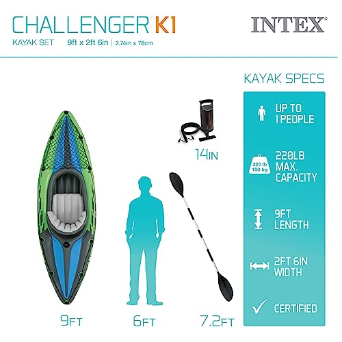 Intex 68305EP Challenger K1 Inflatable Kayak Set: Includes Deluxe 86in Kayak Paddles and High-Output Pump – Adjustable Seat with Backrest – Removable Skeg – 1-Person – 220lb Weight Capacity