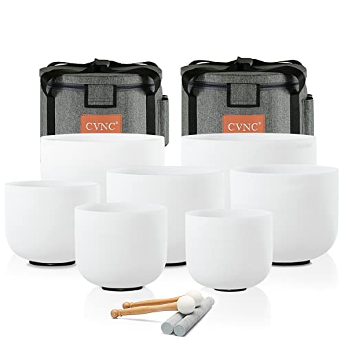 CVNC 432HZ 6-12 Inch Set Of 7 PCS Frosted Chakra Quartz Crystal Singing Bowls for Sound Healing with 2 PCS Travel Carry Case Bag