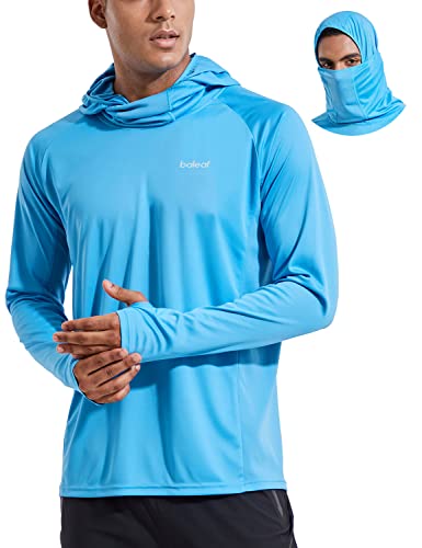 BALEAF Mens Shirt UV SPF Hoodie Shirt UPF 50+ Sun Protection T-Shirts with Mask Rash Guard Fishing Lightweight, 02-Blue, X-Large, Long Sleeve