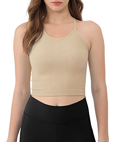 ODODOS Women's Crop Camisole 3-Pack Seamless Rib-Knit Crop Tank Tops, Long Crop, Beige Coral Teal, X-Small/Small