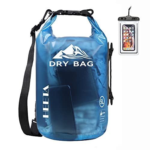 HEETA Waterproof Dry Bag for Women Men, Roll Top Lightweight Dry Storage Bag Backpack with Phone Case for Travel, Swimming, Boating, Kayaking, Camping and Beach, Transparent Blue 10L