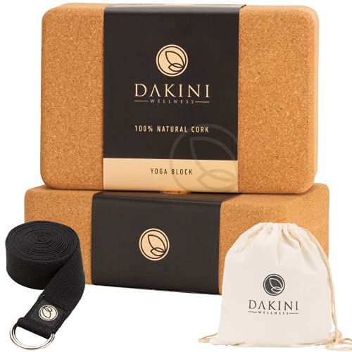 Cork Yoga Blocks - Yoga Blocks 2 Pack with Strap- 9x6x3 Inch Yoga Blocks Set of 2- Yoga Props and Accessories - Cork Blocks For Yoga