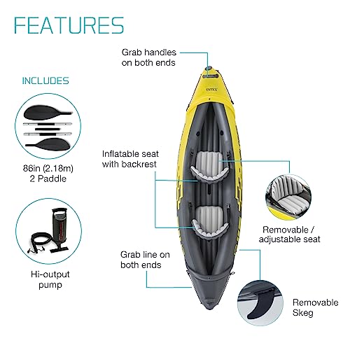 Intex 2-Person Inflatable Kayak Set w/Pump, Aluminum Oars, Adjustable Seats, Explorer K2 - Tandem Blow-up Raft for Adults, Great for Lakes or Rivers
