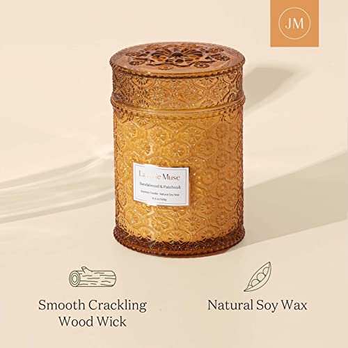 LA JOLIE MUSE Sandalwood Candle, Wood Wicked Large Candle for Home Scented, Scented Candle Gifts for Men&Women, Long Burning Glass Jar Candle, Santal Himalayen, 19oz