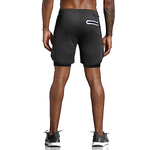 Leidowei Men's 2 in 1 Workout Running Shorts Lightweight Training Yoga Gym 7" Short with Zipper Pockets Black XL