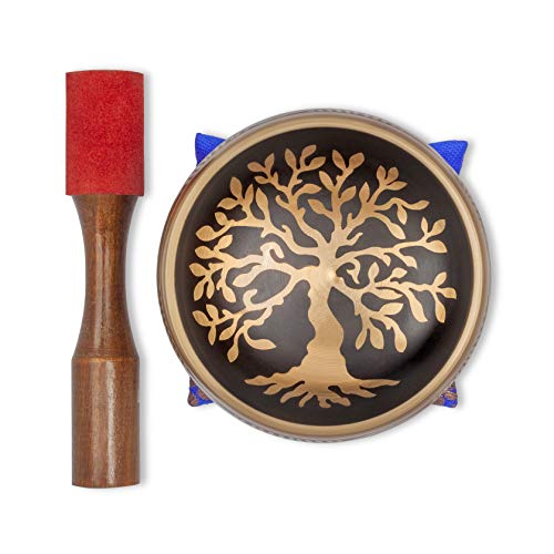 Bim-Bam-Bom Tibetan Singing Bowl – Hand Crafted Singing Bowls w/Mallet & Cushion, Meditation Bowl For Yoga and Holistic Healing, Stress Relief - Brass 4” Tree of Life Prayer Bowl
