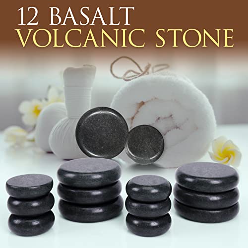 SereneLife Portable Massage Stone Warmer Set - Electric Spa Hot Stones Massager and Heater Kit with 6 Large and 6 Small Round Shaped Basalt Massaging Rocks, Digital Controller Heating Bag