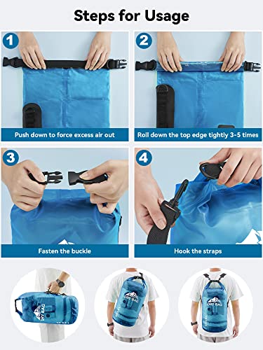 HEETA Dry Bag Waterproof for Women Men, Roll Top Lightweight Dry Storage Bag Backpack with Phone Case for Travel, Swimming, Boating, Kayaking, Camping and Beach (Transparent Blue, 10L)