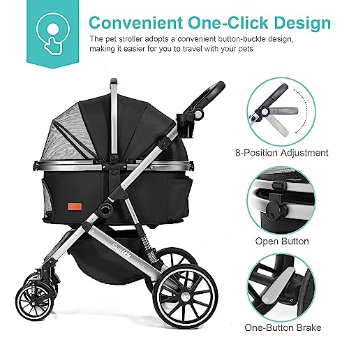 SWITTE Dog Stroller 3 in 1 Folding Pet Stroller, Lightweight Pet Stroller for Small Medium Dogs Cats, 4 Wheels Puppy Stroller with Removable Travel Carrier, Car Seat, Sun Shade, Waterproof Pad, Black