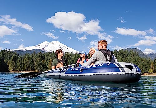 INTEX 68324EP Excursion 4 Inflatable Boat Set: Includes Deluxe 54in Boat Oars and High-Output Pump – Adjustable Seats with Backrest – Fishing Rod Holders – 4-Person – 1100lb Weight Capacity