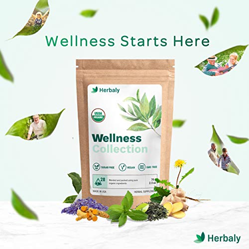 Herbaly Wellness Collection Tea - 8 Active Herbs - Improve General Health, Strengthen Immunity - Natural, Organic, Non-GMO, Vegan, Sugar Free - 2 Pack, 56 Pyramid Tea Bags