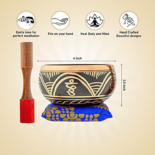 Bim-Bam-Bom Tibetan Singing Bowl – Hand Crafted Singing Bowls w/Mallet & Cushion, Meditation Bowl For Yoga and Holistic Healing, Stress Relief - Brass 4” Tree of Life Prayer Bowl