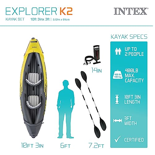 Intex 2-Person Inflatable Kayak Set w/Pump, Aluminum Oars, Adjustable Seats, Explorer K2 - Tandem Blow-up Raft for Adults, Great for Lakes or Rivers