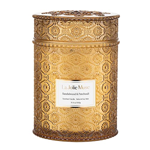 LA JOLIE MUSE Sandalwood Candle, Wood Wicked Large Candle for Home Scented, Scented Candle Gifts for Men&Women, Long Burning Glass Jar Candle, Santal Himalayen, 19oz