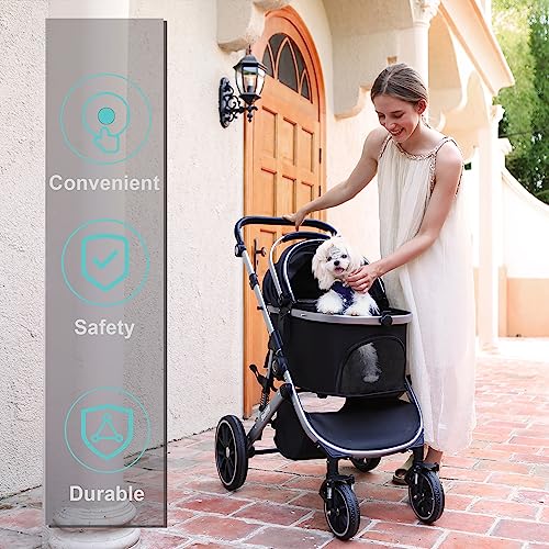 SWITTE Dog Stroller 3 in 1 Folding Pet Stroller, Lightweight Pet Stroller for Small Medium Dogs Cats, 4 Wheels Puppy Stroller with Removable Travel Carrier, Car Seat, Sun Shade, Waterproof Pad, Black