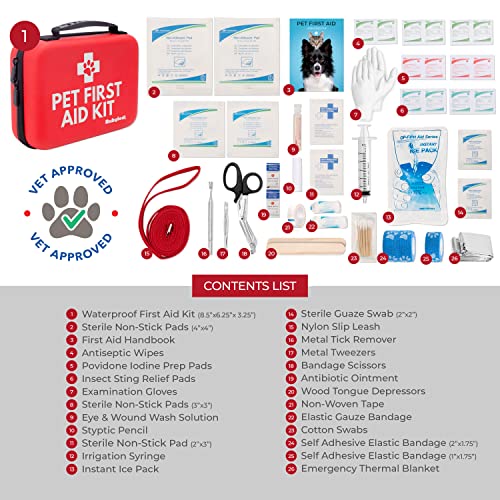 Dog First Aid Kit - Vet Approved Emergency Supplies for Dogs & Cats - Pet First Aid Handbook, Tick Remover, Slip Leash & Medical Essentials for Home, Camping, Car, RV, Travel, Road Trip